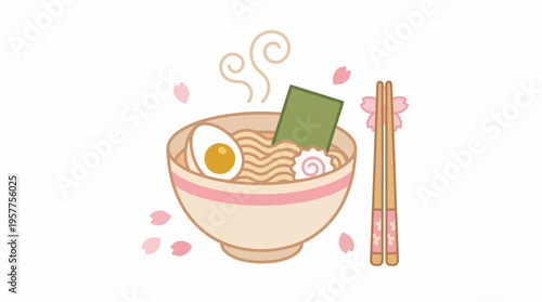 Delicious steaming ramen bowl with chopsticks and traditional Japanese ingredients. Vector Illustrations. EPS Editable
