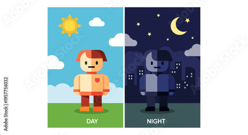 Charming flat design illustration capturing the essence of day and night cycles, reflecting mood and environmental changes during daily human life