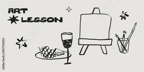 Hand drawn Art and Wine Workshop. Painting party and vintage cocktail sketches. Bottle with glasses and easel with brushes icons. Grapes and cheese picnic elements in crayon chalk drawing