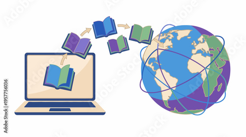Digital Book Transfer to Global Network via Laptop. Vector Illustrations. EPS Editable
