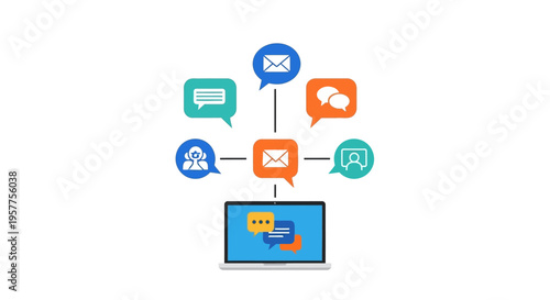 Digital communication symbols on laptop. Vector Illustrations. EPS Editable
