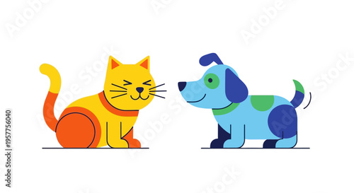 Charming Vector Illustration of a Friendly Cartoon Cat and Dog Together, Portraying Happy Domestic Animal Companionship and Playful Interaction