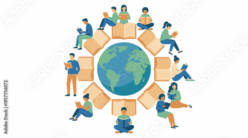Diverse Group of People Reading Books Around the Globe. Vector Illustrations. EPS Editable