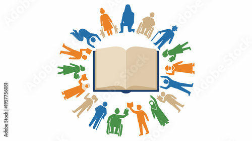 Diverse group of people surrounding an open book symbolizing education and community. Vector Illustrations. EPS Editable
