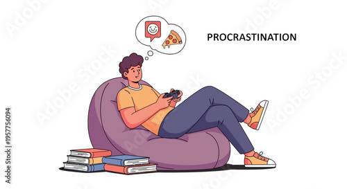 Cartoon illustrating a young man's procrastination, choosing video games and social media over important tasks like reading and studying at home