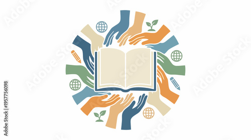 Diverse hands holding an open book. Vector Illustrations. EPS Editable