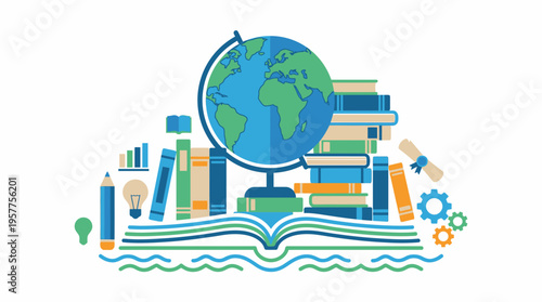 Global Education Concept with Books and Globe. Vector Illustrations. EPS Editable