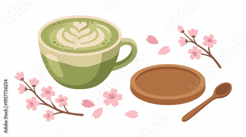 Green coffee cup with saucer spoon. Vector Illustrations. EPS Editable