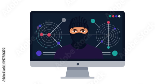 Hacker on computer screen with mask. Vector Illustrations. EPS Editable