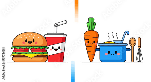 Kawaii Food and Cooking Illustration Burger, Soda, Carrot, and Pot with Whisk