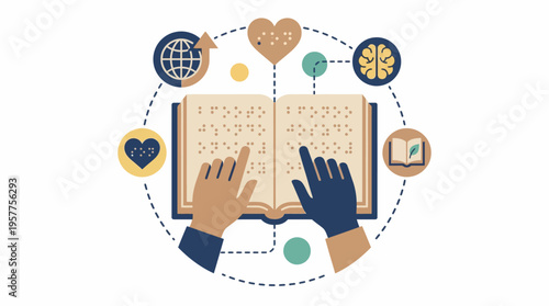 Hands Reading Book with Symbols. Vector Illustrations. EPS Editable