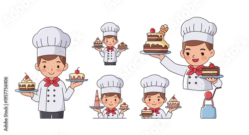 Pastry Chef Character Set Dessert Maker Cartoon Vector Illustrations Isolated on White Background