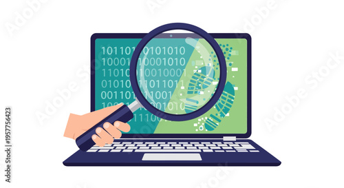 Laptop with magnifying glass over screen showing code. Vector Illustrations. EPS Editable
