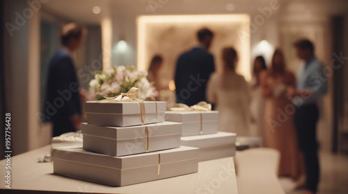 Groom organizing cardboard gift boxes on reception table, medium shot, modern elegant decor, balanced indoor lighting, bride and guests interacting in background softly blurred.
