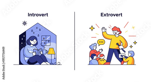 Contrasting Personality Types An Illustrated Depiction of Introvert and Extrovert Social Characteristics and Preferences