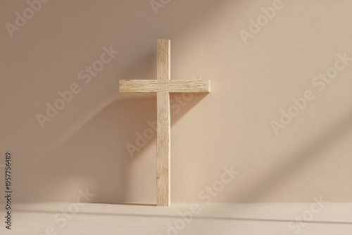 Minimalist wooden cross standing against a light pastel wall, soft morning sunlight casting gentle shadows, clean modern studio setting with negative space, elegant and timeless spiritual concept.