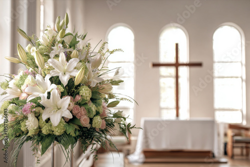 Elegant floral cross centerpiece made of lilies and greenery placed at the front of a bright modern church hall, soft natural daylight streaming through windows, clean and serene atmosphere,