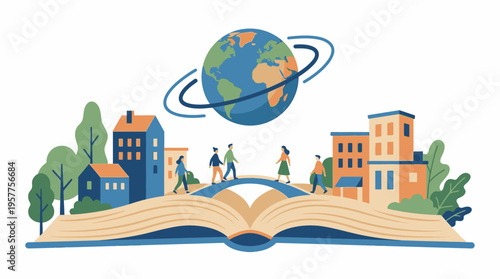 Open Book World City People Education Concept. Vector Illustrations. EPS Editable