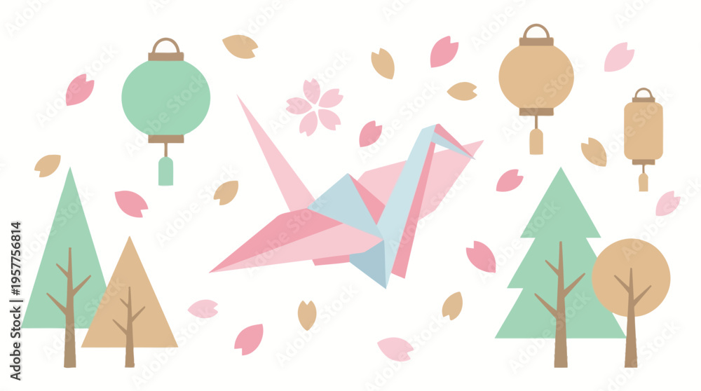 Obraz premium Pink Paper Crane in Flight. Vector Illustrations. EPS Editable