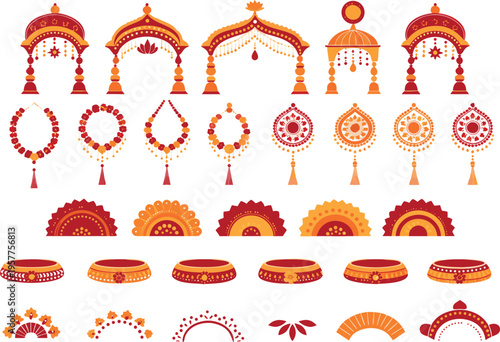 Collection of traditional indian wedding decorative elements featuring arches and floral patterns Vector