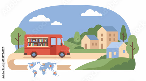 Red School Bus on the Road. Vector Illustrations. EPS Editable