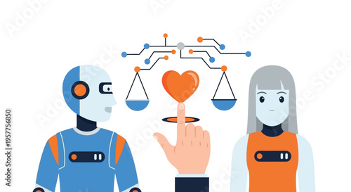 Robot and woman with heart balance. Vector Illustrations. EPS Editable