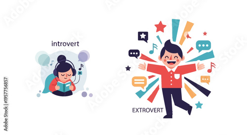 Illustrating divergent social inclinations a serene individual absorbed in thought juxtaposed with an expressive, outgoing personality