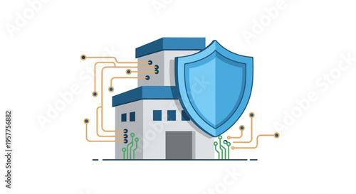 Secure building with digital network protection. Vector Illustrations. EPS Editable