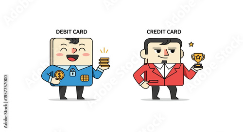 Two cartoon characters illustrate the fundamental differences and financial advantages of utilizing debit versus credit card payment options