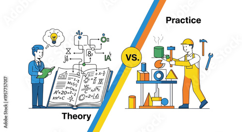 Visualizing the core difference between theoretical knowledge and practical hands-on application in problem-solving and real-world execution