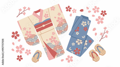 Traditional Japanese Kimono and Yukata with Cherry Blossoms and Geta Sandals. Vector Illustrations. EPS Editable