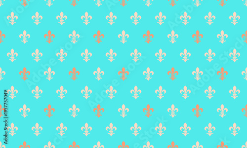 Elegant turquoise background featuring a repeating pattern of creamy and coral fleurdelis.