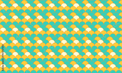 Vibrant teal and gold scale pattern.  Perfect for textile design, website backgrounds, or playful branding.  Geometric, repeating design evokes feelings of energy and optimism.