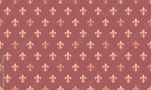 Elegant repeating pattern of fleurdelis in muted blush and terracotta tones on a deep maroon background. Perfect for vintage designs, wedding stationery, or luxurious branding.
