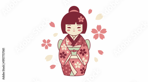 Traditional Japanese Kokeshi Doll in Pink Kimono with Cherry Blossoms. Vector Illustrations. EPS Editable