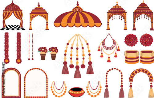 A collection of traditional indian wedding decorative elements featuring ceremonial structures Vector