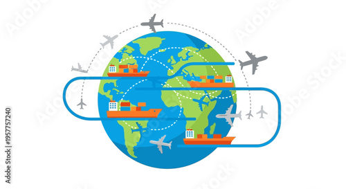 Airplanes Circle Around The Globe. Vector Illustrations. EPS Editable
