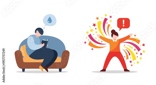 Illustration of a person on a couch and another person with abstract shapes and an exclamation point