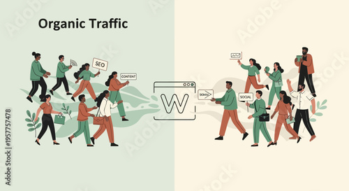 Illustration depicting a group of people walking towards a website from one side and away from it on the other, symbolizing organic traffic growth and decline