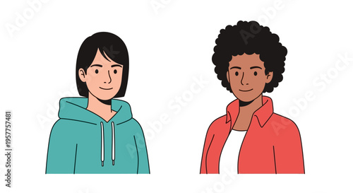 Vibrant vector illustration featuring two smiling young women, representing diversity and modern youth with casual apparel