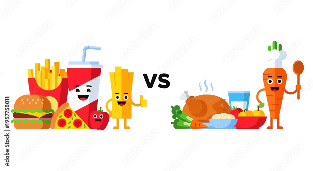 Fototapeta premium Healthy Food vs Unhealthy Food Comparison Illustration