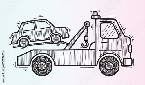Flat design tow truck towing a small car illustration