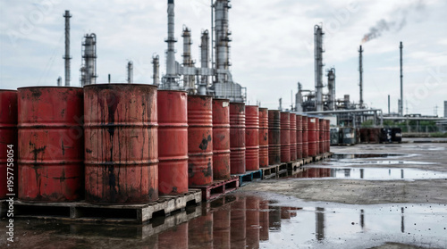 Wallpaper Mural Industrial oil refinery site with rows of weathered red metal barrels on wooden pallets Torontodigital.ca