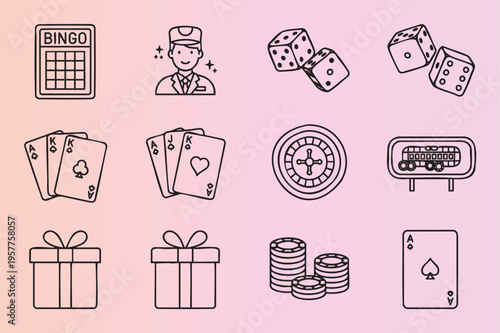 Gambling and casino game icons set with bingo cards dice and poker