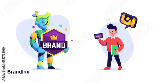 Visualizing Brand Identity A Robot Presents a Crowned Shield to a Person Holding a Smartphone Displaying an Image