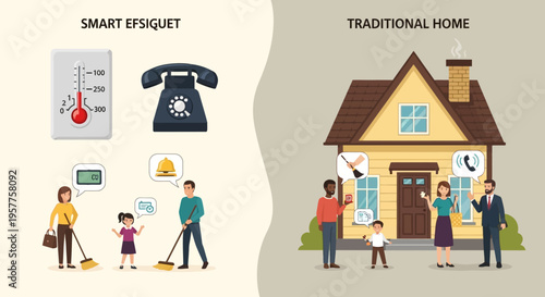 Comparing smart home technology and traditional home living with family and modern convenience symbols