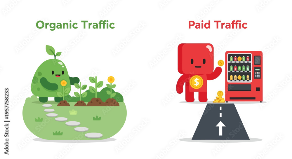Fototapeta premium Visualizing contrasting approaches cultivating organic reach versus investing in paid marketing for business growth