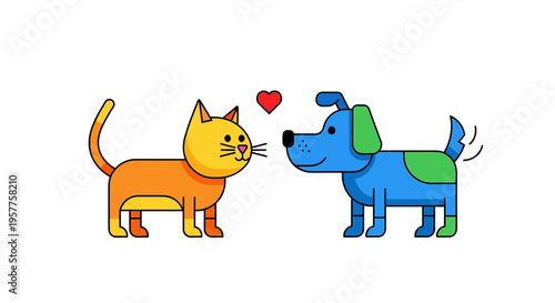 Sweet cartoon cat and dog friendship illustration showcasing playful pet love and heartwarming interspecies connection