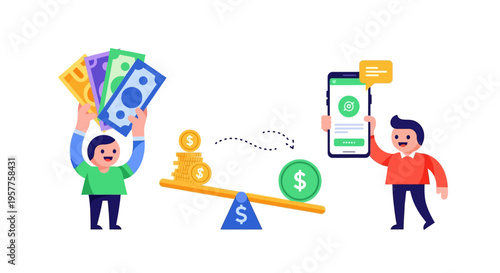 Cash versus digital currency transaction on a weighing scale, a conceptual illustration of financial choices