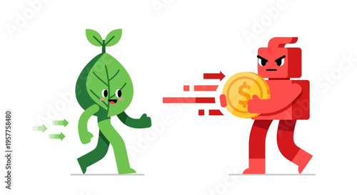 Conceptual illustration Nature fleeing financial greed. Symbolizing the urgent conflict between environmental sustainability and economic profit